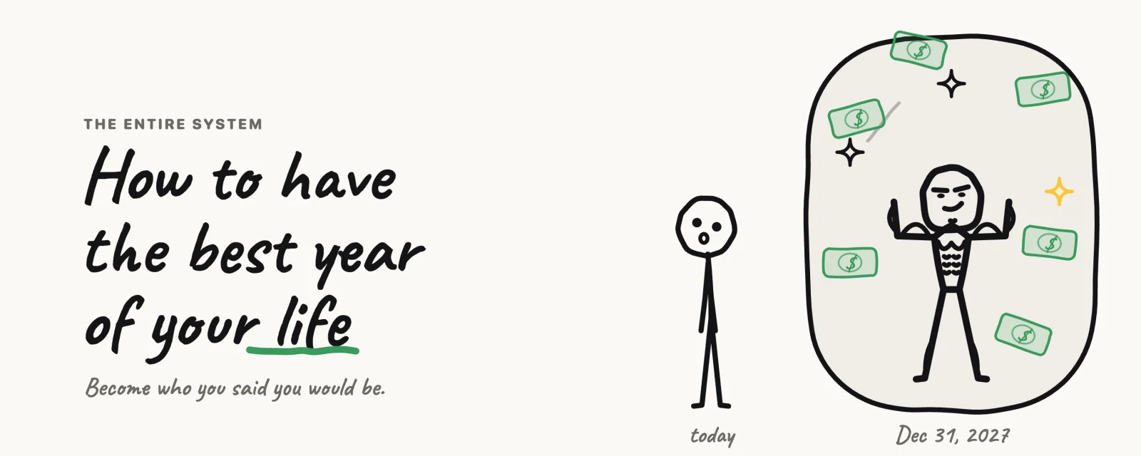 Today you, slouching, next to a mirror showing a confident future self on December 31, 2027