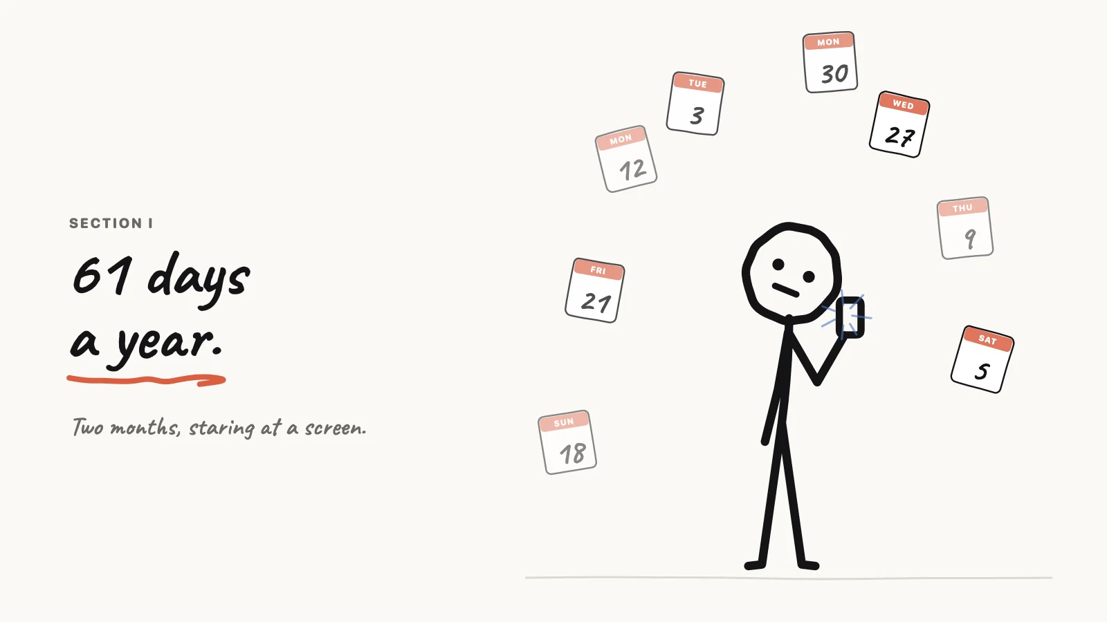 A stick figure staring at a phone while calendar days fly away